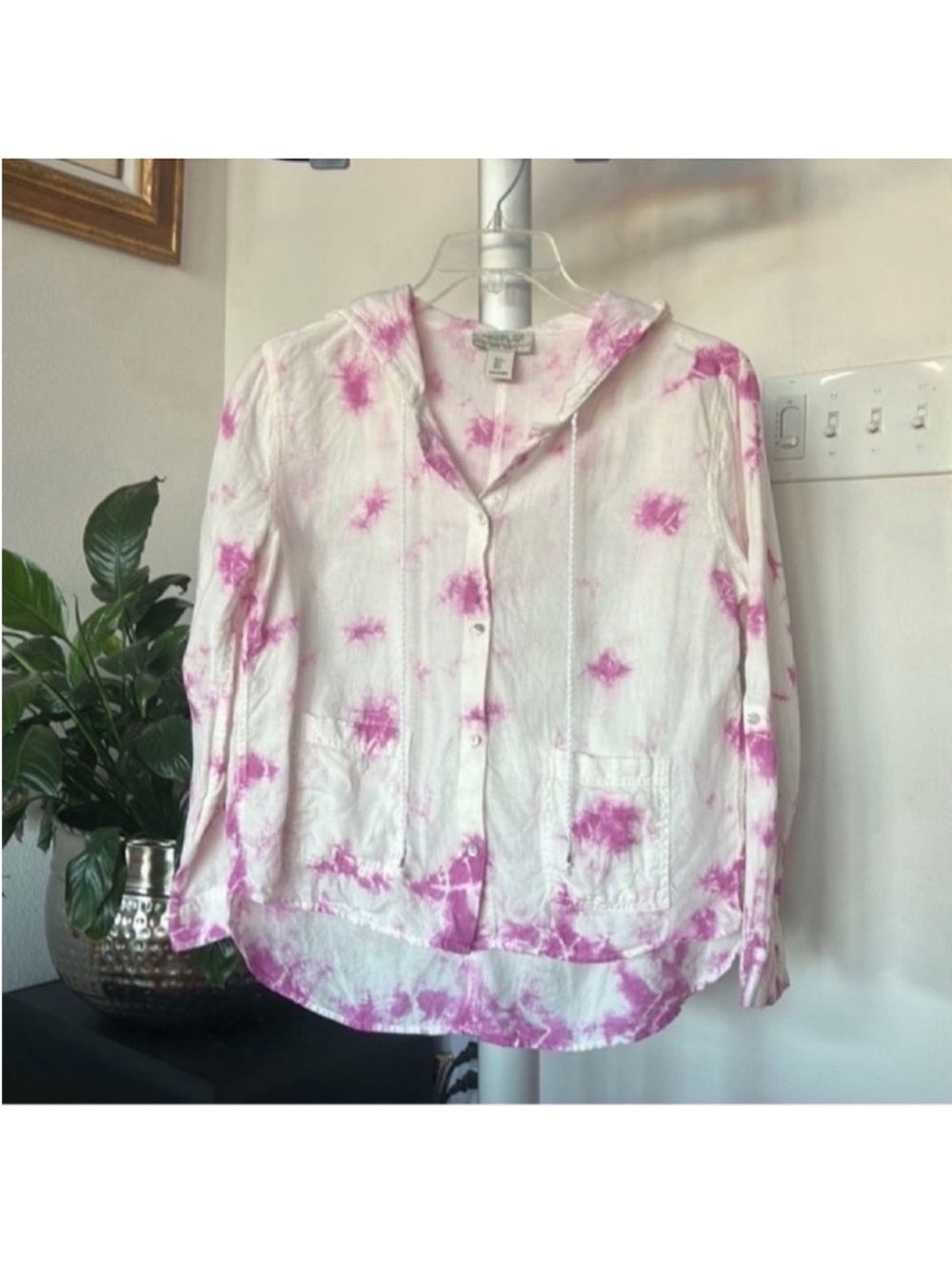 Rachel Zoe Linen Tie Dye Hooded Top/Shirt/Blouse Sz S White Pink Button up